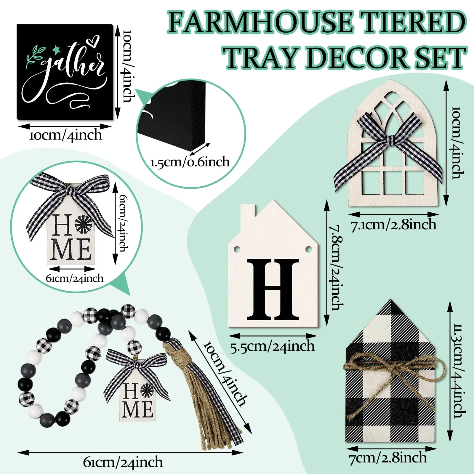 Farmhouse Tiered Tray Decor Rustic Wooden Home Blessed Mini Signs Wood Bead Garland with Tassel Mount Window Frames for Kitchen