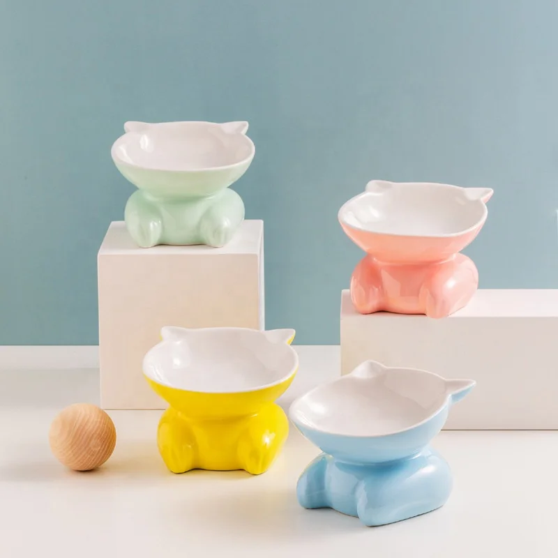hot products top 20 best selling 2022 cat ceramic bowl oblique mouth high foot ceramic cat bowl raised cat feeding bowl