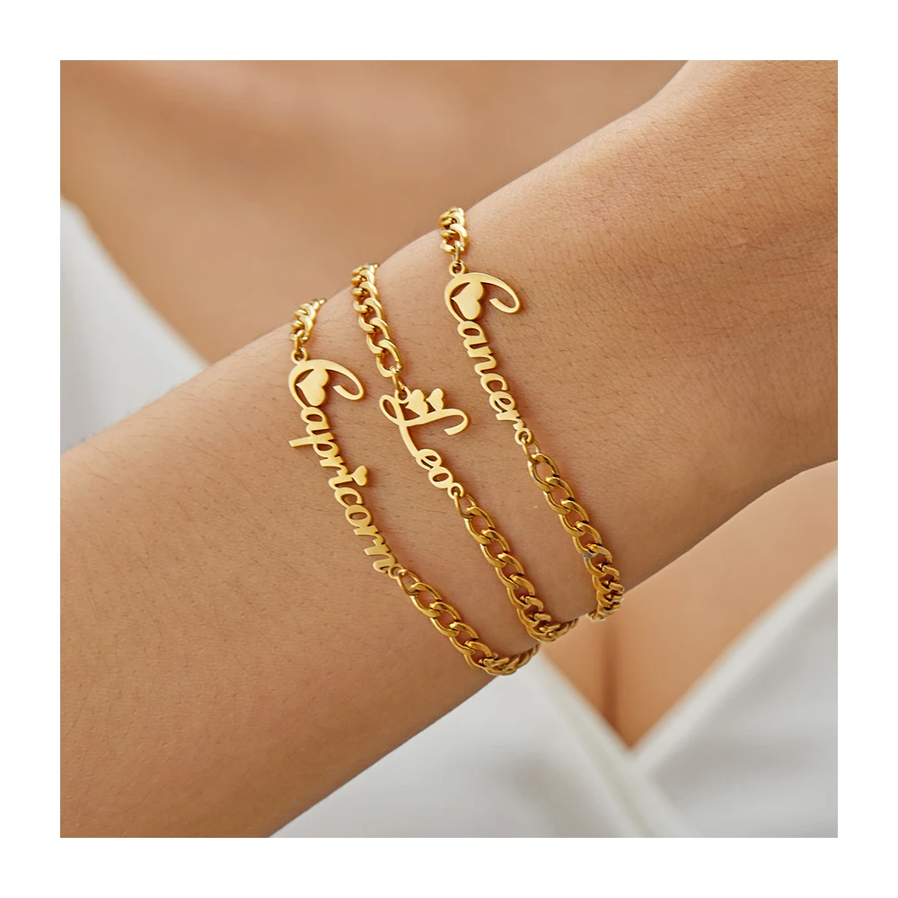 Простая буква Знак зодиака браслет гипоаллергенный 18K позолоченный из нержавеющей стали водонепроницаемый