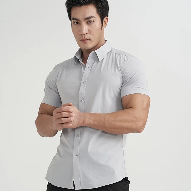 Men Solid Colour Formal Short Sleeve Cotton Breathable Stretch Slim Fit Shirt Quick-drying Wrinkle-resistant Fitness Shirt