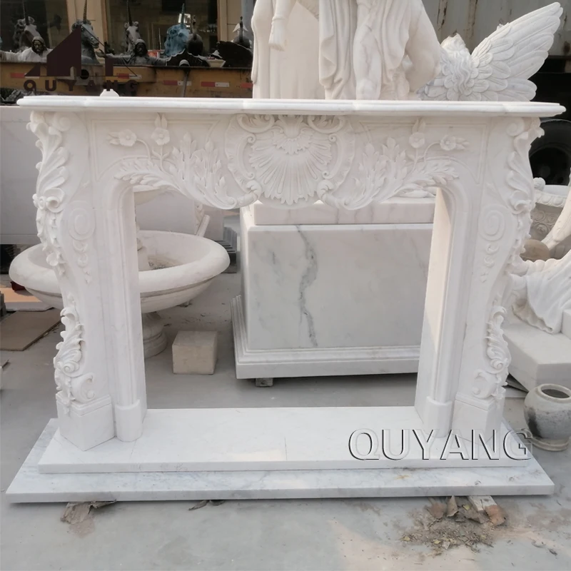 QUYANG Custom French Home Decoration Large Freestanding Fireplace Mantel Black Antique Marble Fireplace Surround