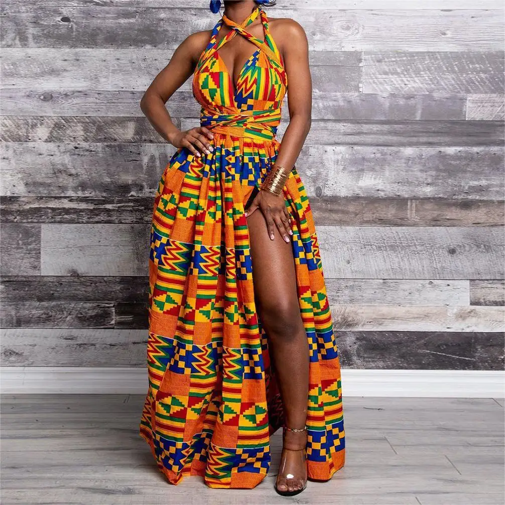 multi way wear african print sleeveless v neck wrap high slit stylish sexy long dresses women lady elegant