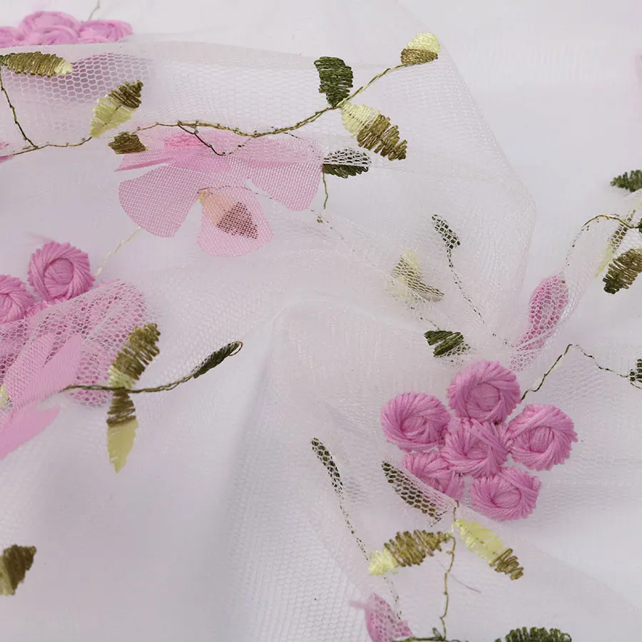 High Quality Lovely Pink and White 3D Laser Cut Embroidered Embroidery Lace Fabric for Wedding