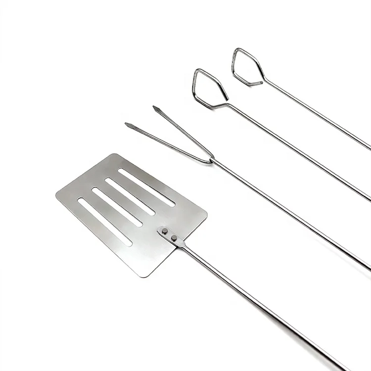 3Pcs BBQ Grill Tool Set Includes Spatula,Fork and Tong with Black Long Wooden Handle, for Picnic Camping Travel Cooking Grilling