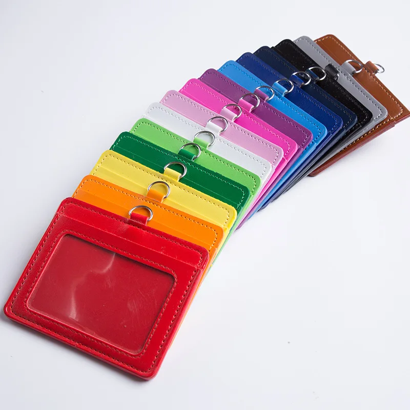 Promotional wholesale vertical removable with 2 credit card slots pu leather Id badge card holder