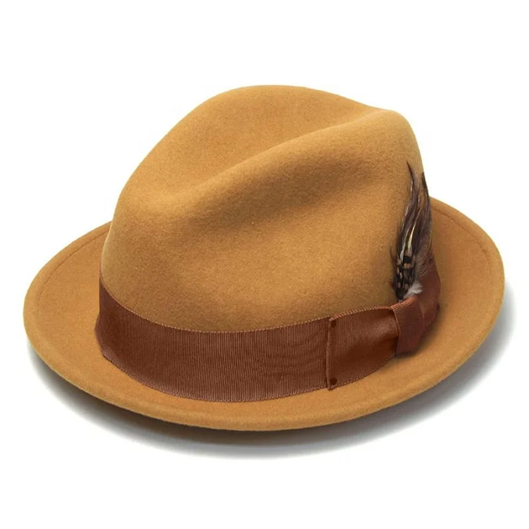 FREE SAMPLE yellow embroidered logo jazz trilby johnny depp fedora felt 	woolen fedora men hats classic hat for men
