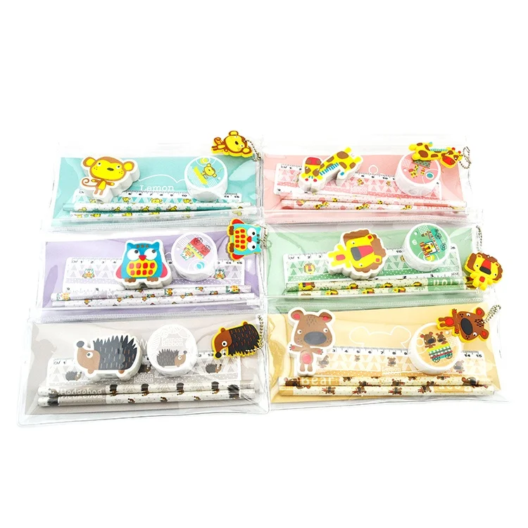 2023 High quality wholesale transparent TPU cartoon school kids pencil box stationery pouch set with pencil ruler for gift