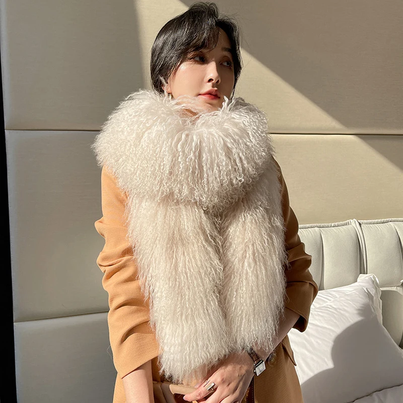 ZDFURS*  Quality mongolian fur Tibet sheep fur scarf Double-Sided Whole skin  Fur Collar  long Thickened