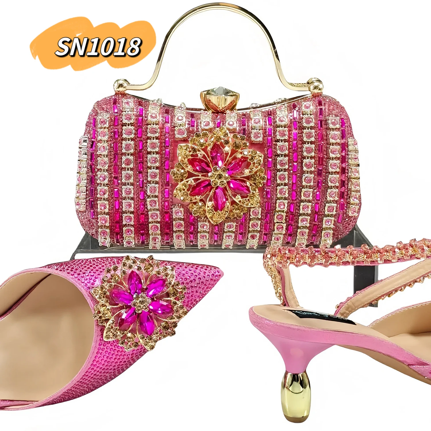 Rhinestone evening matching shoe and bag set high heels peach matching clutch bag woman nigeria inmyshop
