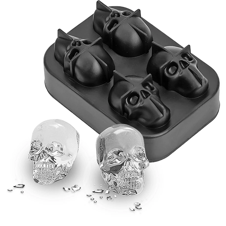 Approved Durable Food Grade 3D 4 Holes Ice Mold Silicone Skull Ice Tray Mold For Chilling Wine Beverage Juice Soup