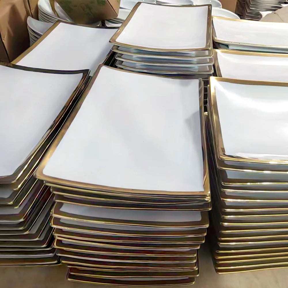 Wholesale Gold Plated Rim Ceramic Tableware Set Oval Round Rectangular White Plate Sell By Ton