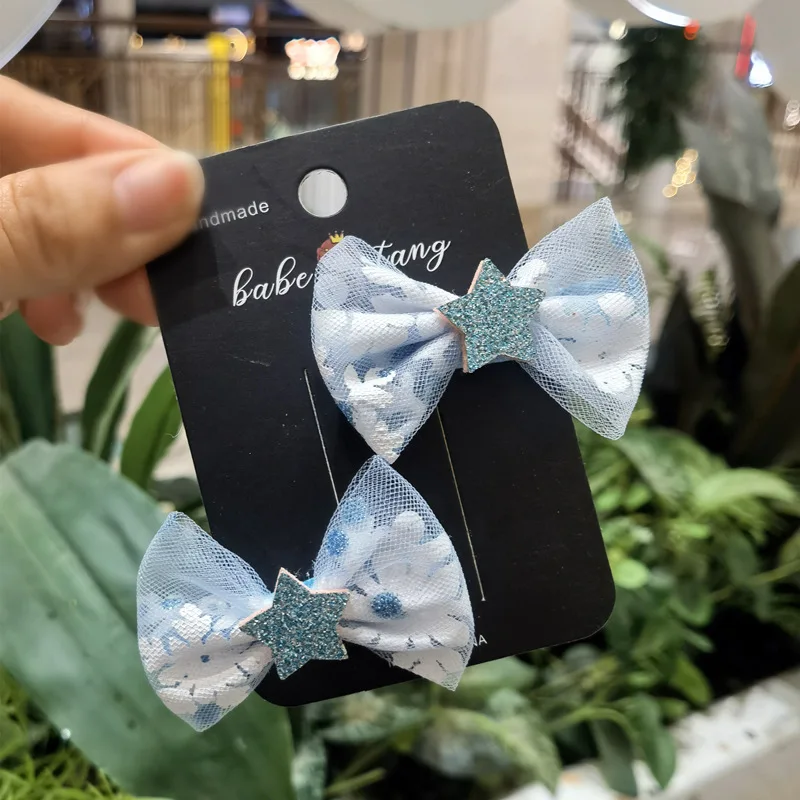 Snowflake Party Diamond set hair clip Star mesh bow Little Princess pair clip blue fabric streamer lace print bow hair clip