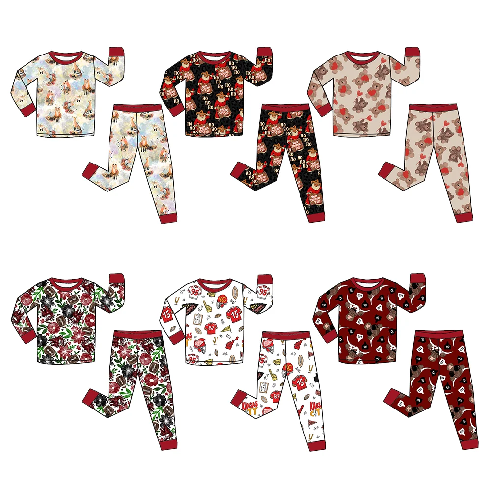 2025 Wholesale Kids Custom Printing Long Sleeves Pajama Set Unisex High Quality O-neck Pullover Top Elastic-waist Sleepwear Set