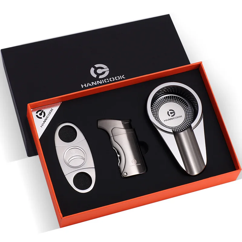 Оптовая продажа роскошная острая ветрозащитная Зажигалка для сигар керамическая металлическая пепельница набор из трех предметов