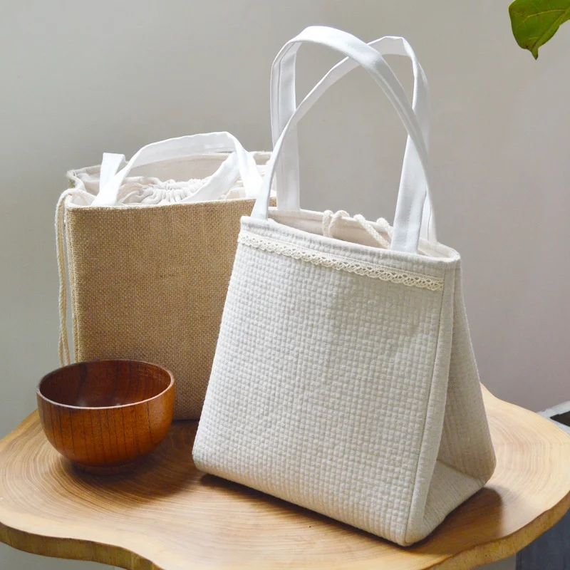 High-quality School Cotton Drawstring Closure Thermal Tote Food Delivery Leakproof Children Insulated Jute Lunch Cooler Bag