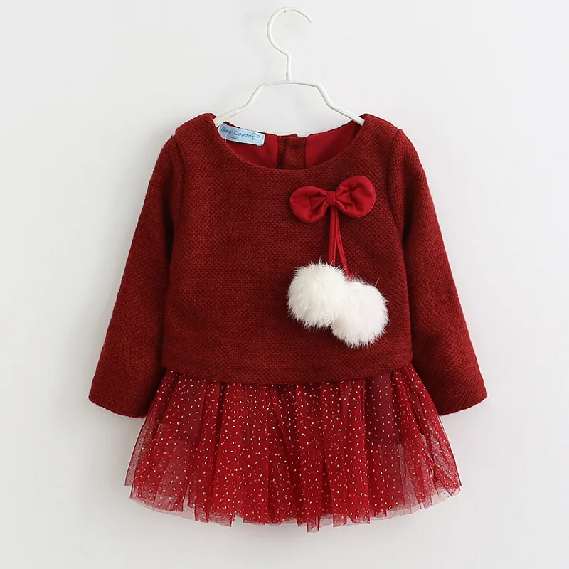 
autumn cotton venonat sleeve o-neck bow sequins mesh hem princess dresses for baby girl 