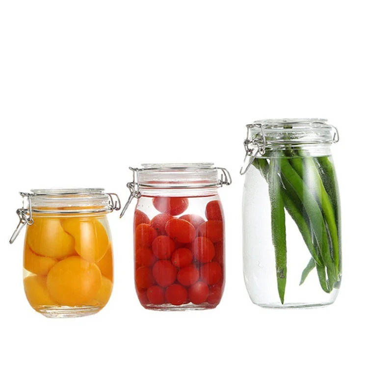 Manufacturer Empty Round Pickle Jam Fruit Wine Enzyme Jars 500ml 750ml 1 L Canning Sealed Glass Jar With Clip Lid