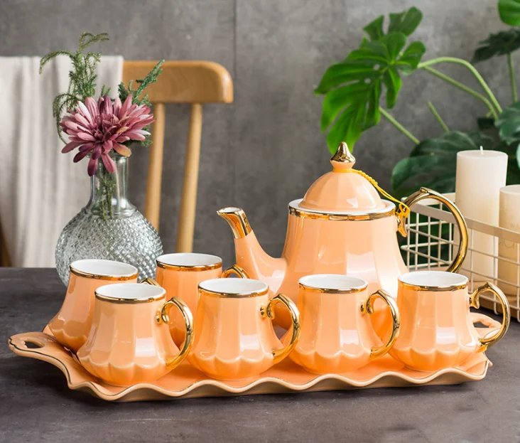 Royal Style Ceramic Coffee Tea Set Included Teapot Tea Cup And Tray Gold Trim Service For 6 Housewarming Gift For Tea Lovers