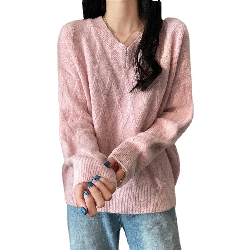 Autumn and winter new style V neck knitting sweater Korean edition loose printing sweater thickened pullover sweater female
