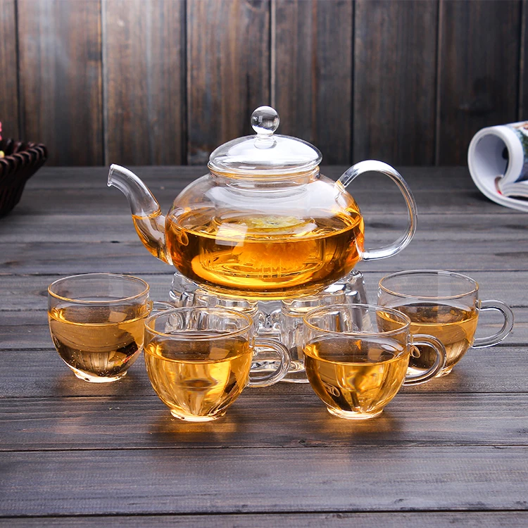 China kongfu tea set clear glass tea pot with cups warmer