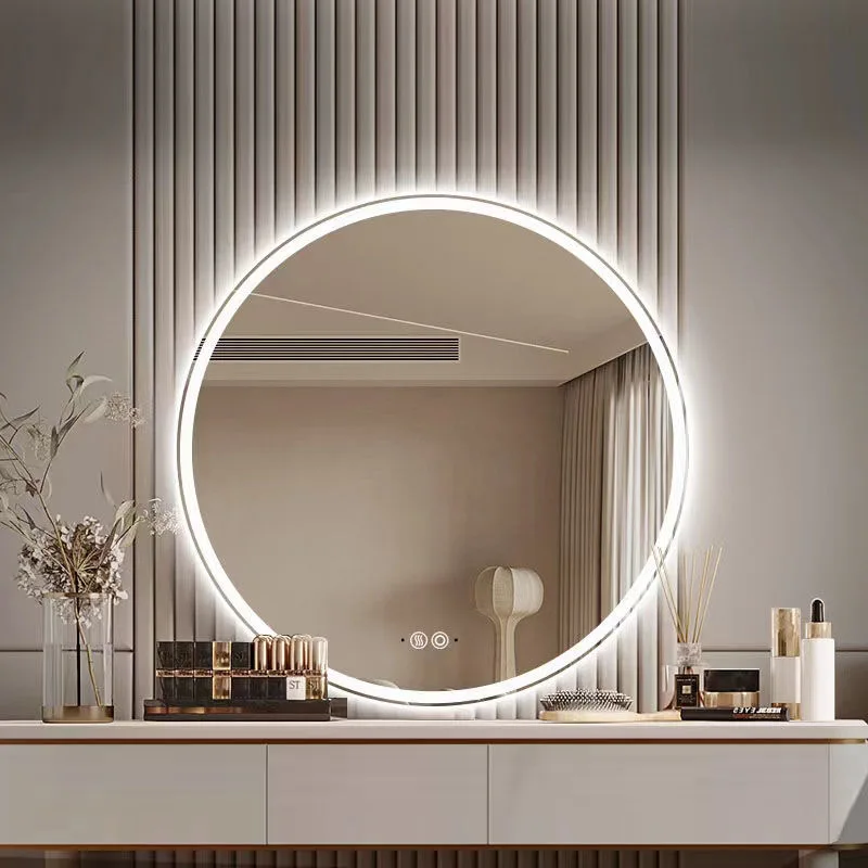 Высококачественное роскошное Безрамное Круглое Сенсорное умное светодиодное зеркало для макияжа настенное со светодиодной подсветкой спальни