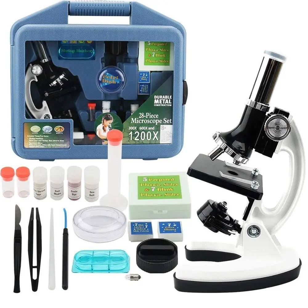 NP-TM02S 28-Piece 1200X Beginner Home Schooling Monocular LED  Educational  Children Science Microscope Kit