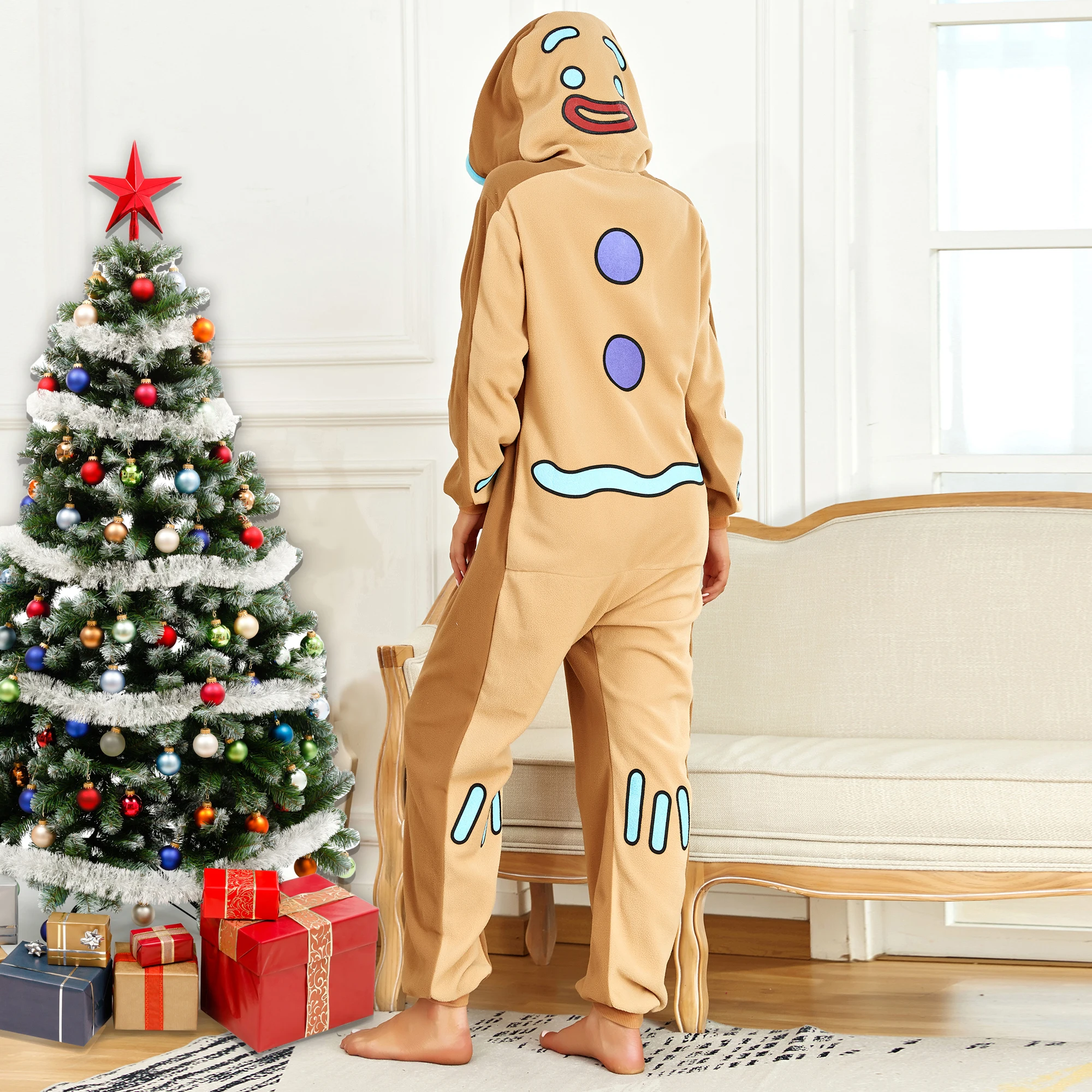 Wholesale Christmas Cartoon Pajamas Custom Gingerbread Man Onesie Pajamas Fleece Adult Unisex Animal Kigurumi Onesie Pyjamas