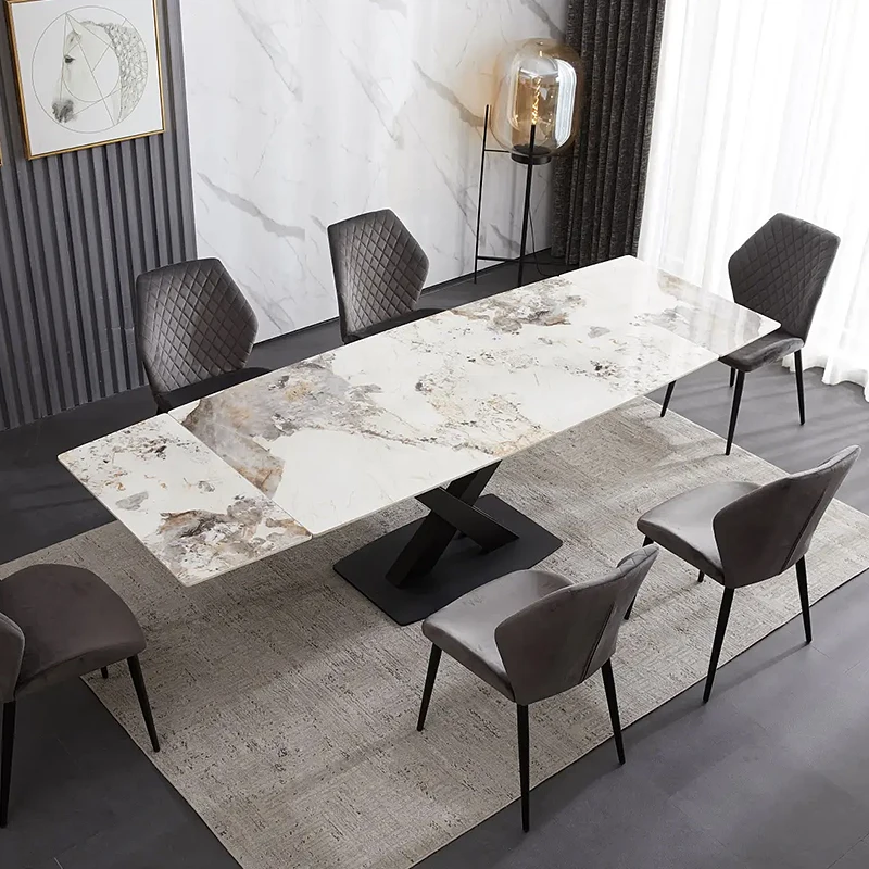 Rectangular Restaurant Metal Steel Marble furniture party Dinning Table set 8 Seater with Buffet Table for 8 Person