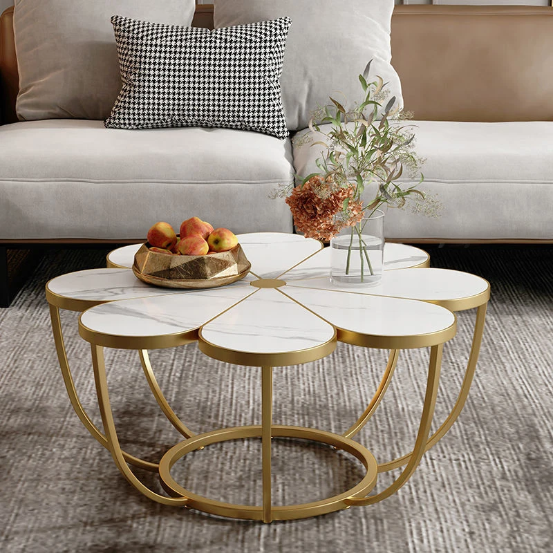 Custom contemporary hotel home decor gold and white stainless steel pedestal luxury marble top coffee table