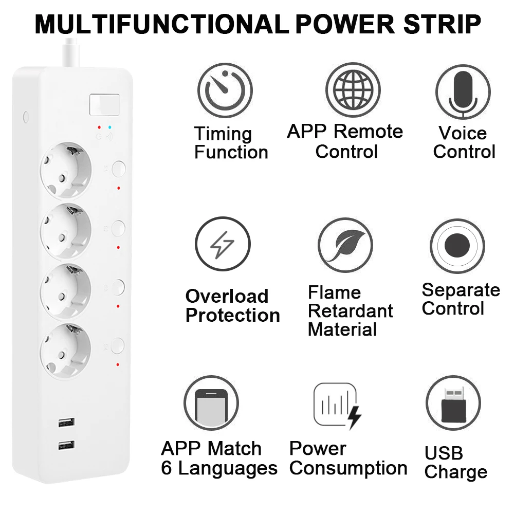 Smart WIFI Timer Extension EU Smart Plug wifi Power Strip Fast Charge Power Metering Smart Plug wifi Socket Work With Alexa