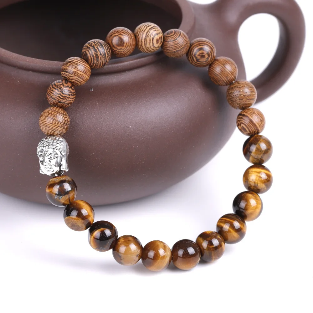 Natural crystal stone Buddha head bracelet gemstone Chicken wing wood tiger eye stone bead bracelet