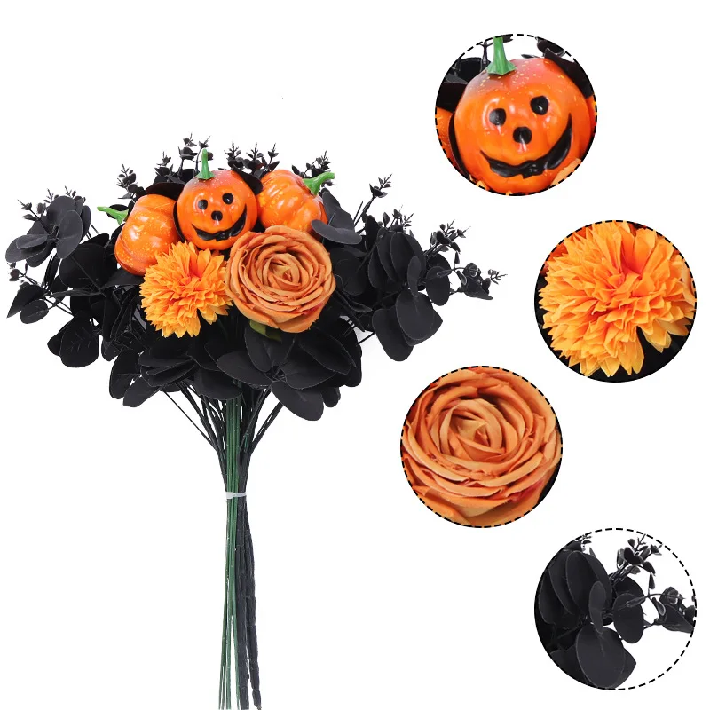 2024 Artificial Ghost Face Pumpkin Bunch Halloween Black Rose Flower Decoration Green Plant Simulation Black Maple Leaf