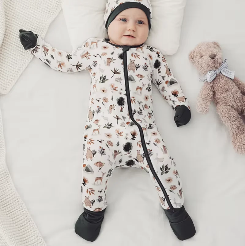 Wholesale Newborn Baby Romper Printed Label Long Sleeve Newborn Bamboo Baby Romper Clothes For Girl Custom Bamboo Baby Pajamas