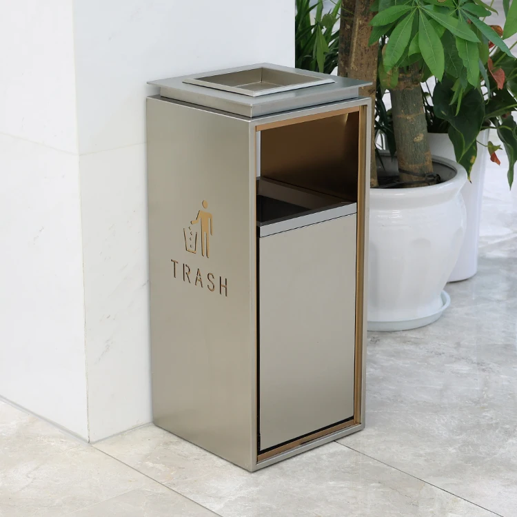 Stainless Steel Trash Can Metal Ashtray Push-Pull Waste Dust Bin for Outdoor Hotel Lobby Shopping Mall-for Garbage Management