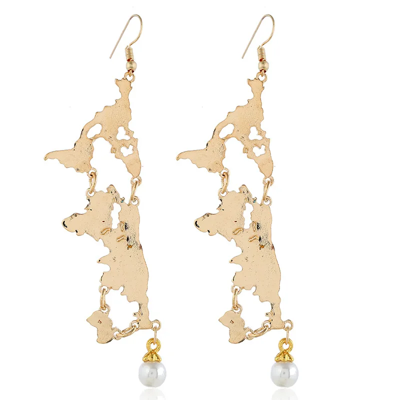 202014k gold jewelry wholesale alloy long drop pearl statement world map earrings for women
