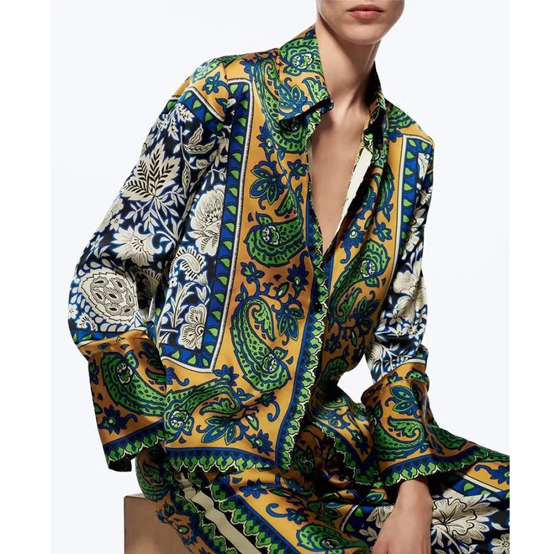 Custom printed pajamas style satin printing vertical cardigan satin trousers two sets