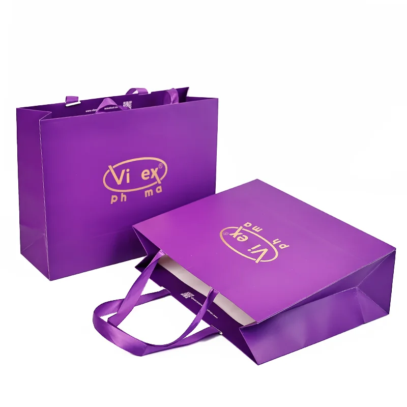 Wholesale Custom Printed Logo Design Luxury Clothing Retail Gift Gold Foil Stamping Shopping Purple Paper Bag With Handle