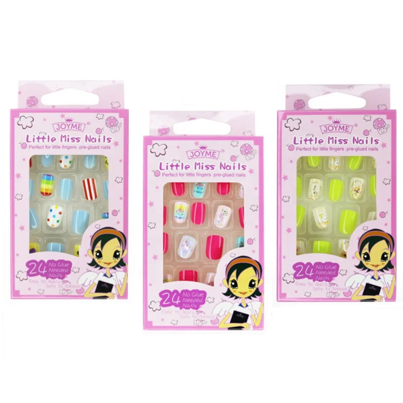 24 PCS ABS Full Cover Children False Fake Nails Tips Set Wholesale Press On Nails Artificial Fingernails For Kids