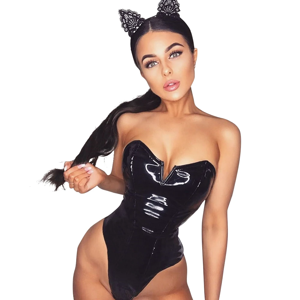 
 Black PU Leather Strapless backless sexy Bodysuit Women Tops faux fashion streets jumpsuit Casual Body playsuits  