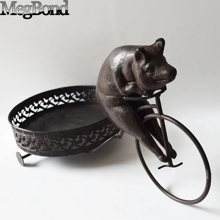 Metal pig on bicycle planter holder, Cast iron decorative flower pot stand