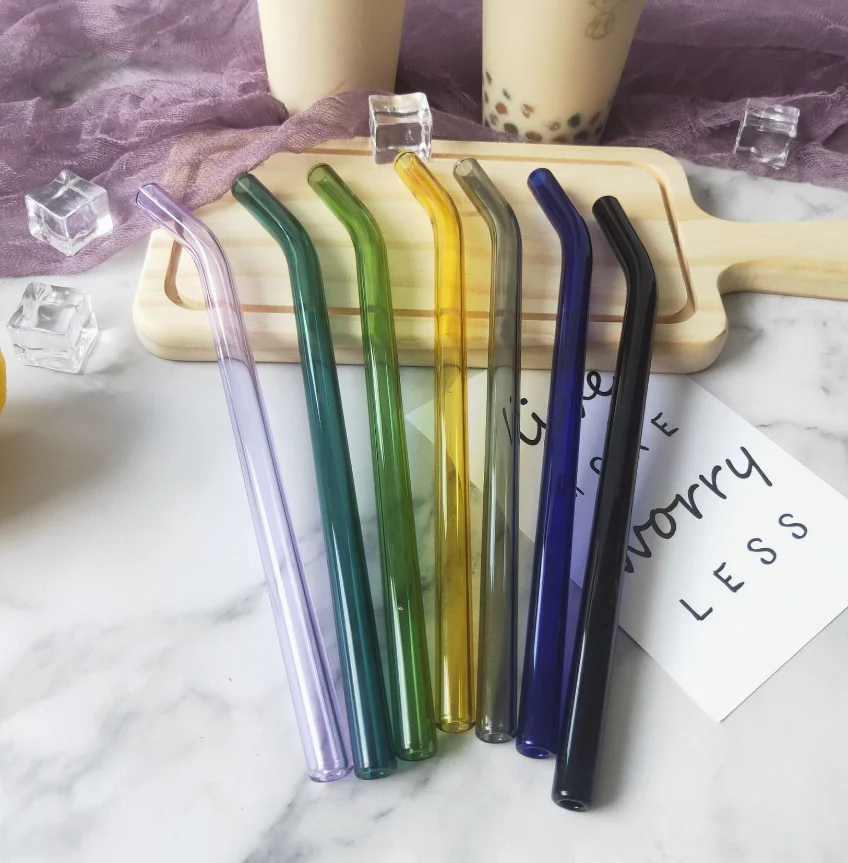Оптовая продажа набор прозрачных стеклянных соломинок цветная прямая солома термостойкая и экологически чистая боросиликатная стеклянная изогнутая