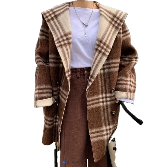Korea Cape navy large lapel to look good plaid pattern winter wool coat