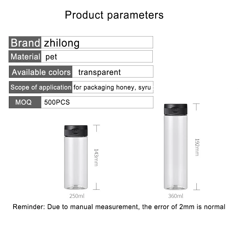 Stock 250ml 360ml food grade PET plastic packaging container New round clamshell squeeze empty honey bottle