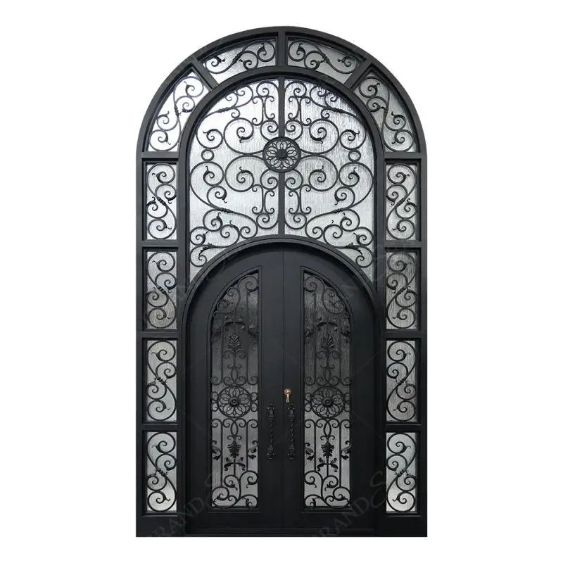 Luxurious European Church Arch Iron Door Ground Glass Design Retro Wrought Iron Double Doors
