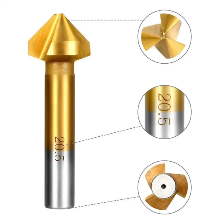 Set of 6 PCS 90 Degree 3 Flute HSS 4341 Countersink Cutter Titanium Coated Chamfer Cutter End Mill Drill Bits countersink set
