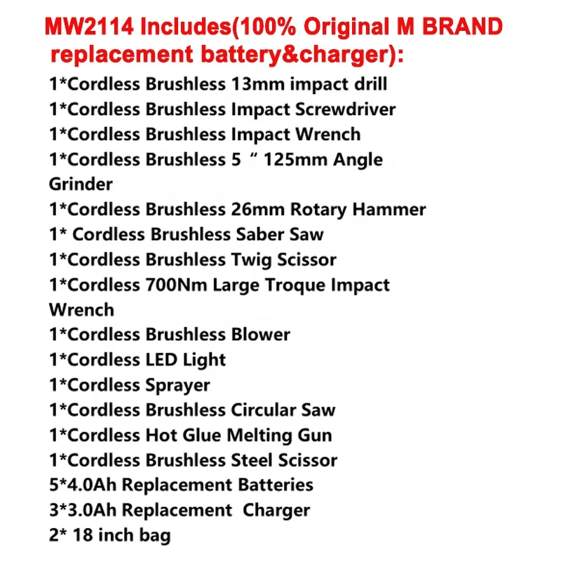 Professional grade with Same Battery Kit complete set 4.0Ah 5.0Ah durable  One stop complete package electrician tools box set