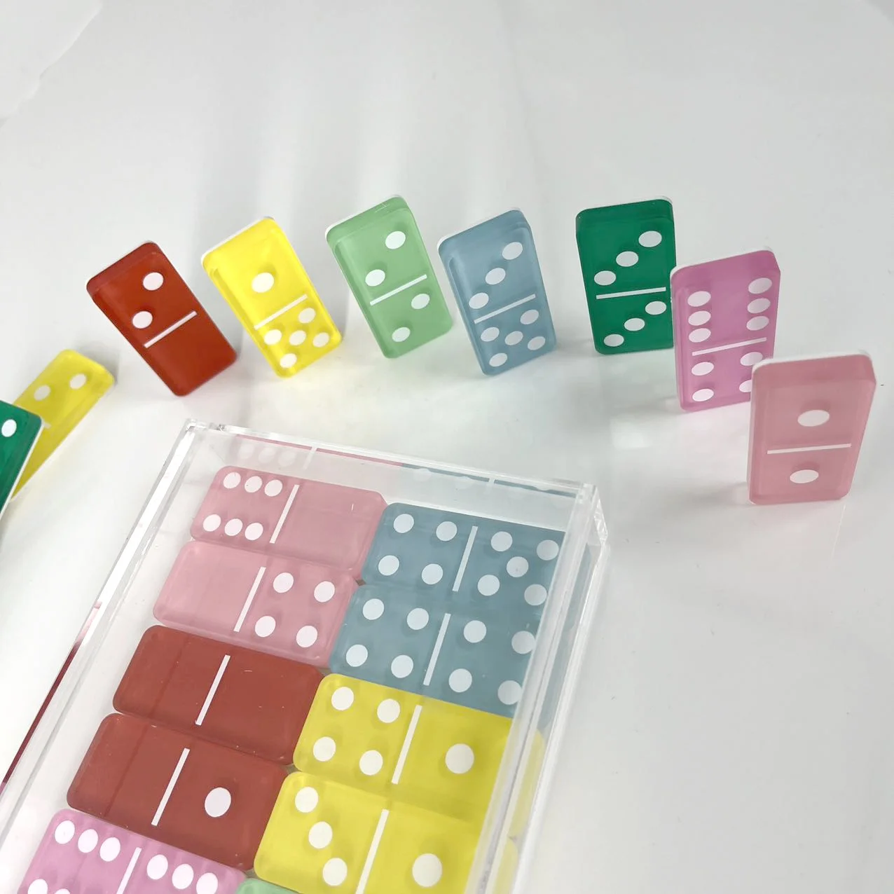 Factory custom high quality double six 28Pcs acrylic dominoes  7 colors  acrylic domino game sets