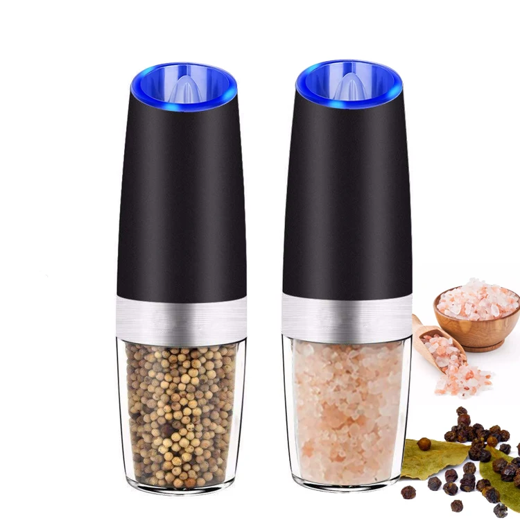 Gravity Electric Pepper and Salt Grinder Set, Adjustable Coarseness, Battery Powered with LED Light One Hand Automatic Operation
