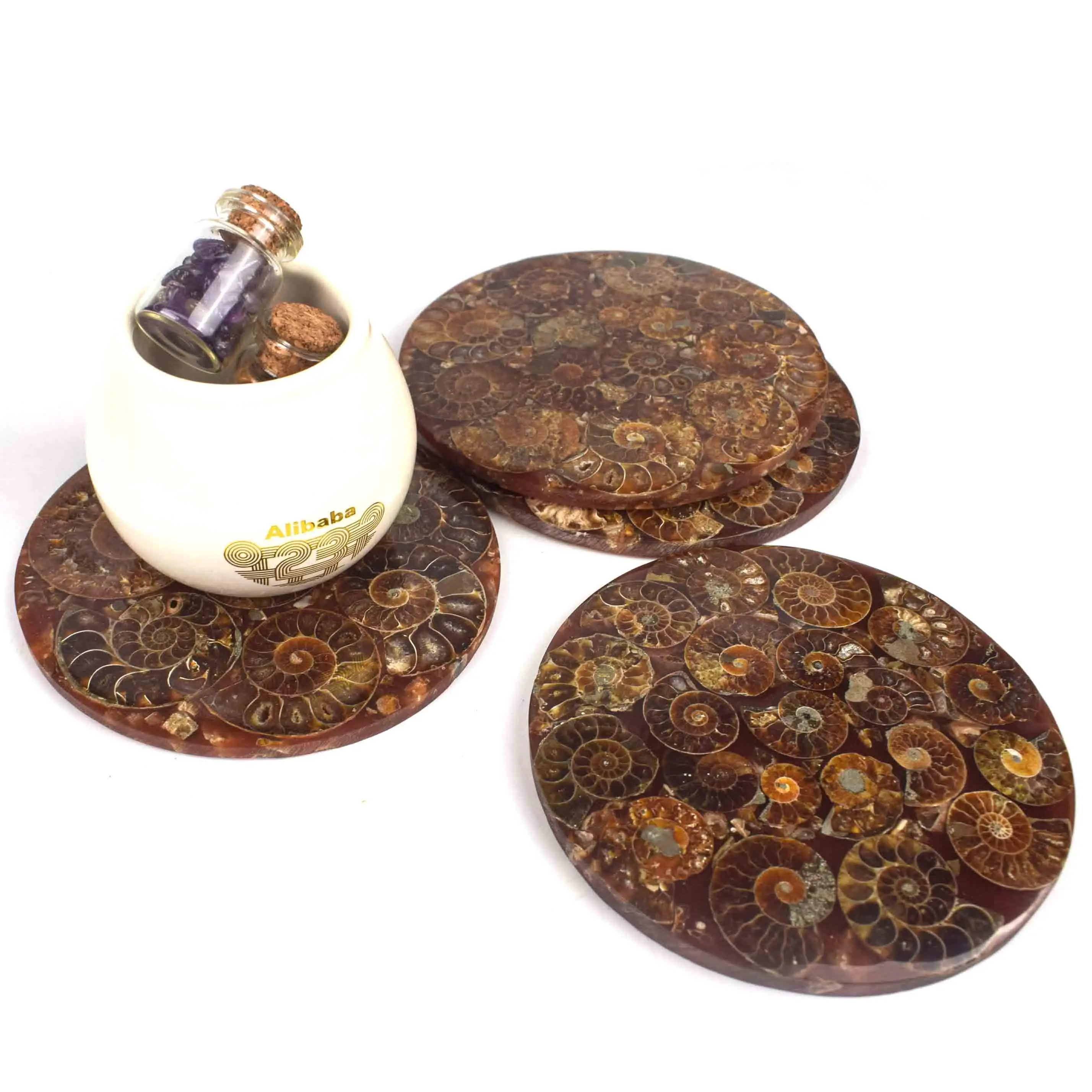 Wholesale Natural Crystals Ammonite Teacup Mat Polished Fossil Plate For Decoration