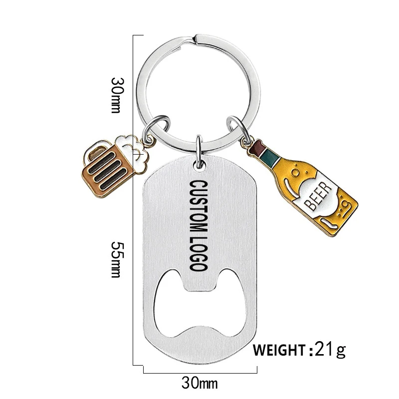 Wholesale custom stainless steel hanging decoration key ring laser customer customised logo metal bottle opener key chain
